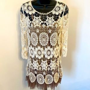 Altar'd State Womens Lace Top and Sleeve Boho Dress Brown Polka Dot Tulle Size S